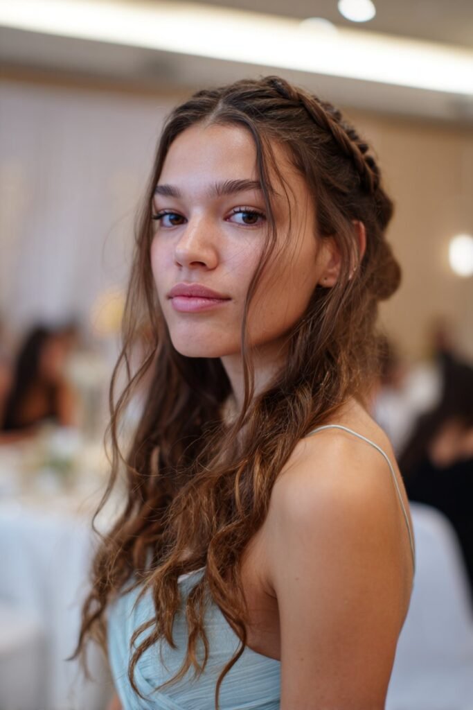 Teen girl with waterfall braid and loose curls, prom hairstyle for medium length hair.