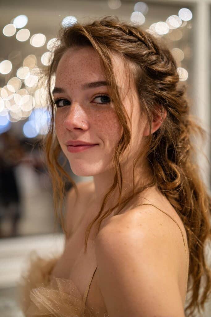 Teen girl wearing a waterfall braid with loose waves, a prom hairstyle for long fine hair.