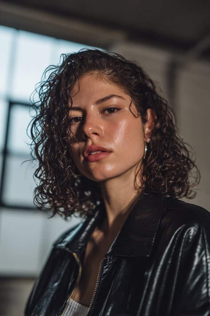 Woman showing glossy wet look curls on stacked bob haircut.