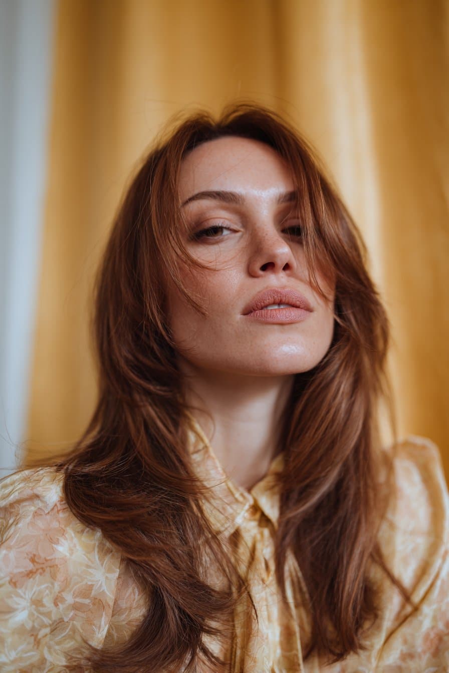 Winged side-swept 70s feathered hair flowing away from the face.