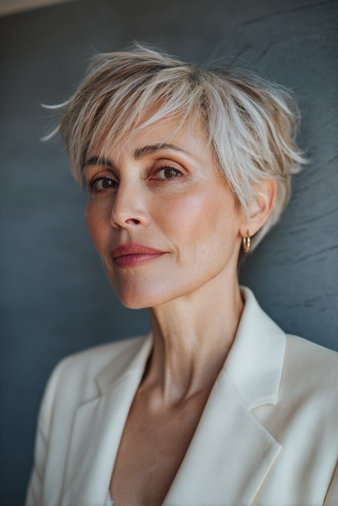 Wispy asymmetrical bob with longer side-swept layers.