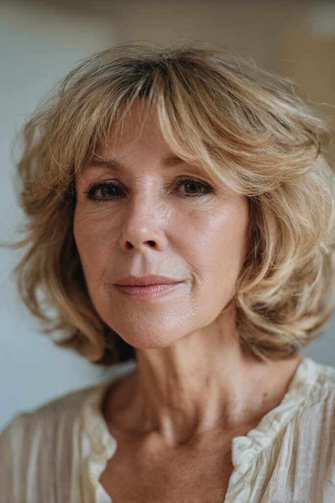 Older woman with layered shag and soft wispy bangs.