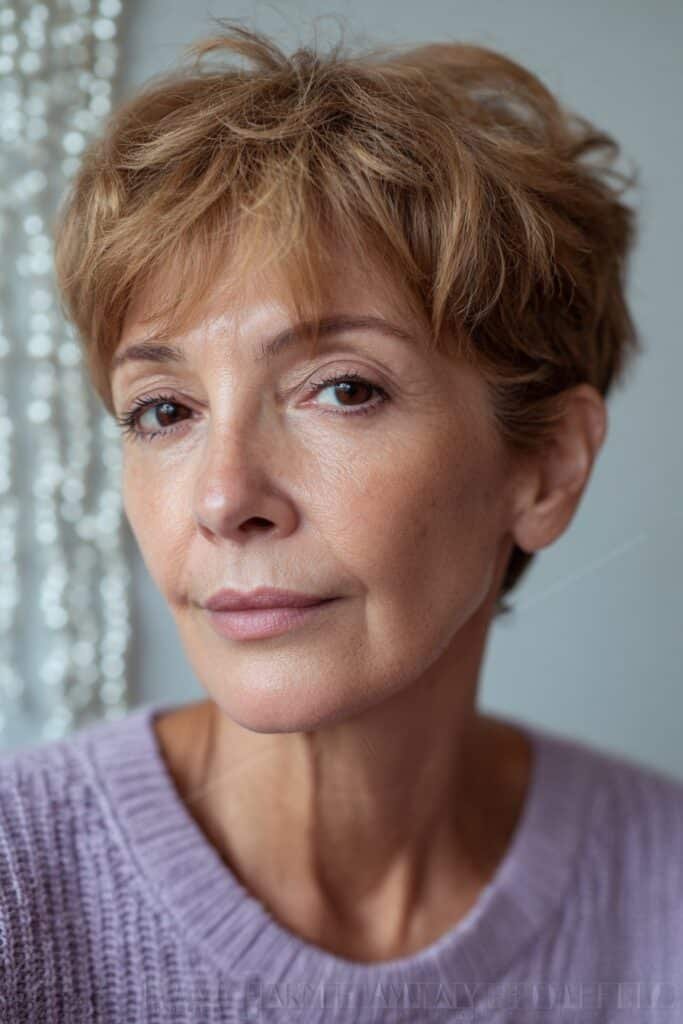 Short layered cut with wispy bangs framing the forehead.