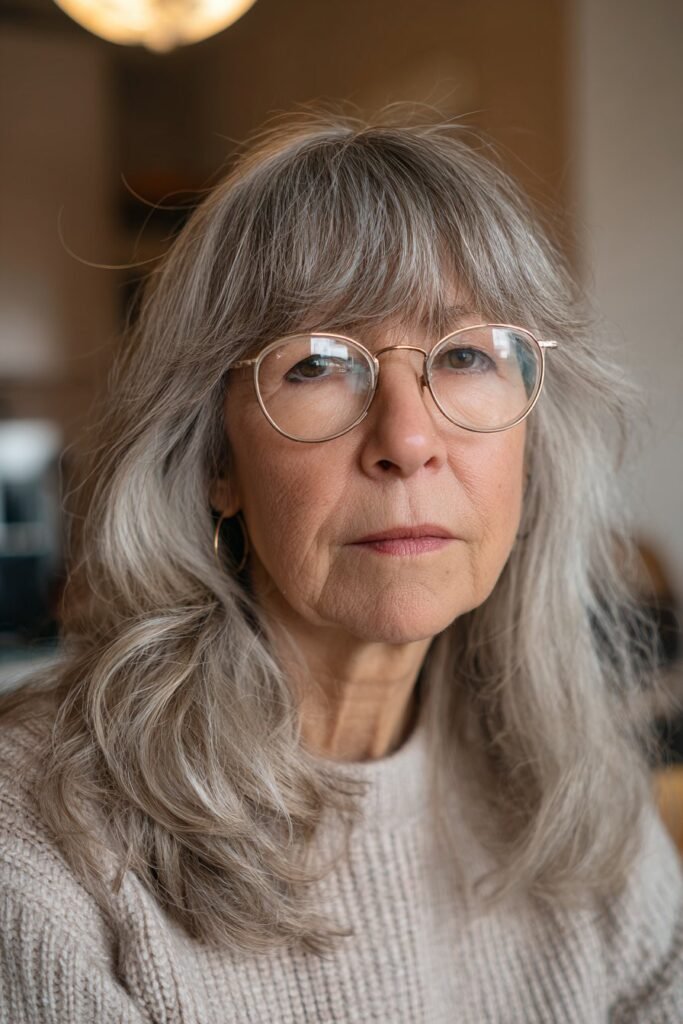 Older woman with glasses and wispy bangs on medium length hair.