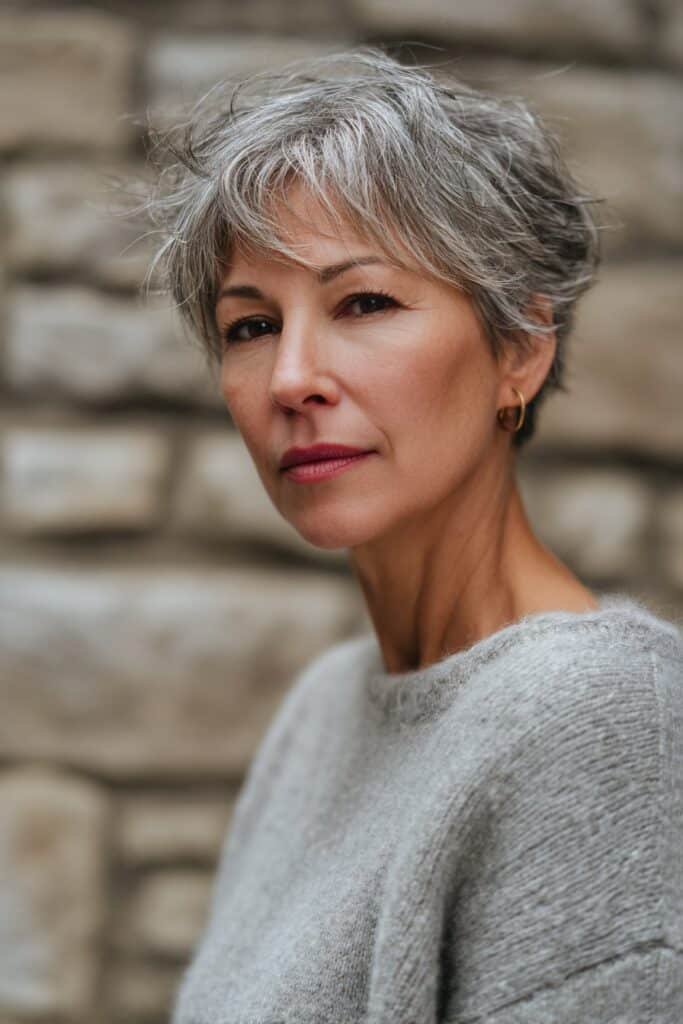 Wispy micro bob short wispy haircut for older women.