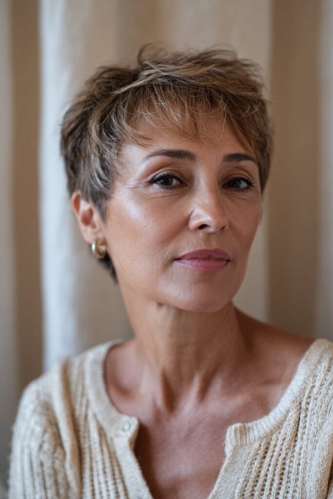 Wispy pixie short wispy haircut for older women with feathered layers.