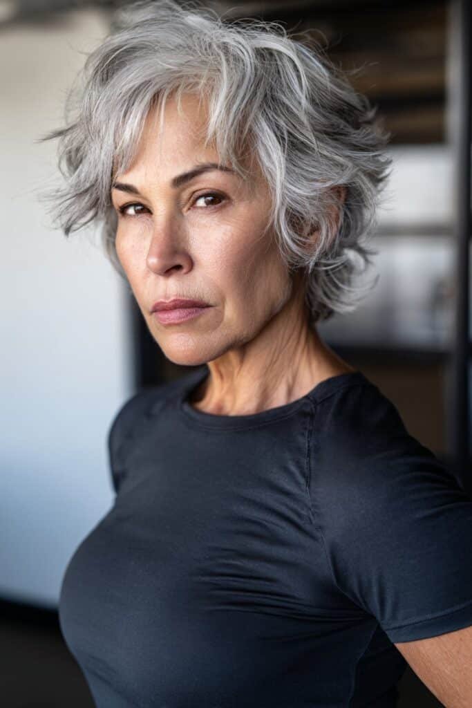 Older woman wearing a bold wolf cut shag with textured volume.