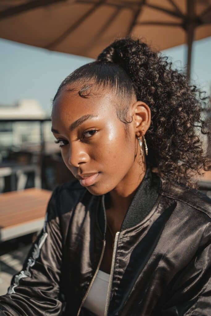 Black woman with wrapped ponytail and spiral curls.