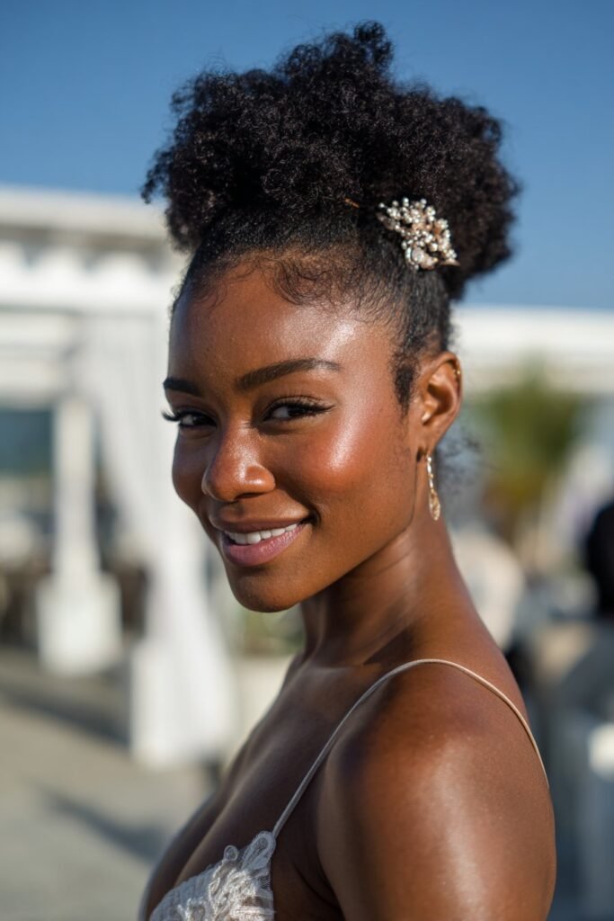 Black bride with afro puff updo and bridal hair accessories.