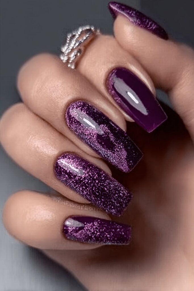 Coffin-shaped amethyst nails covered in sparkling purple glitter.