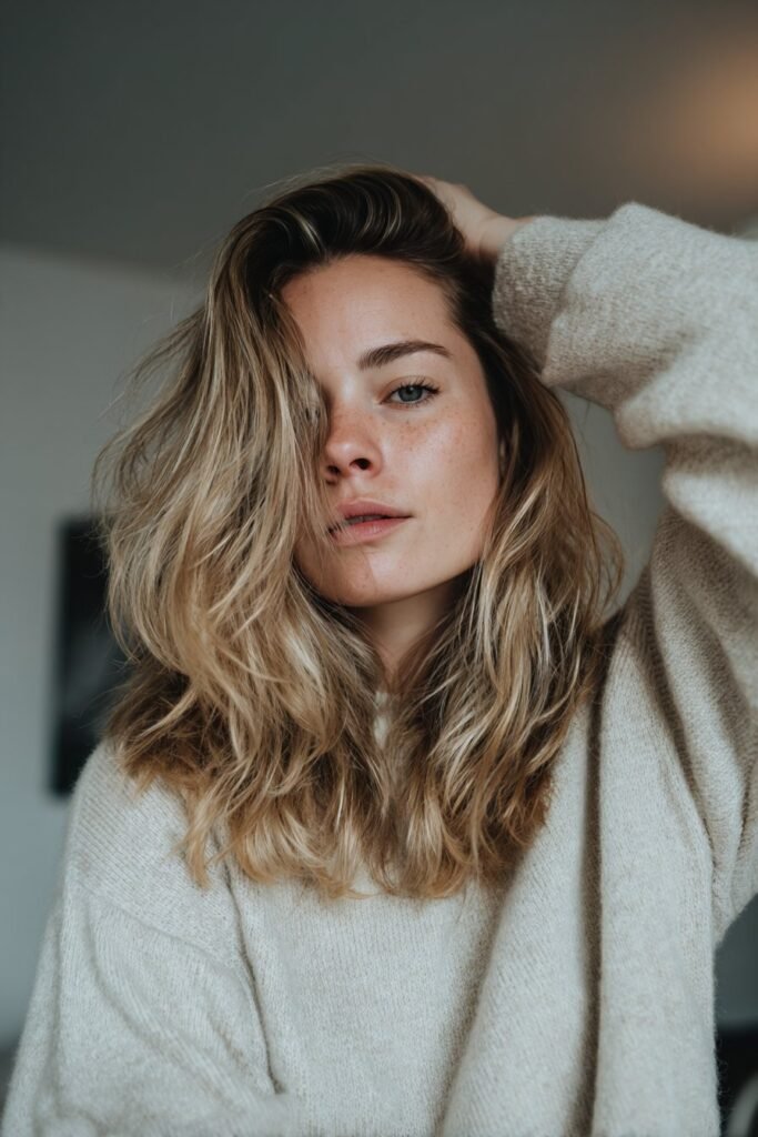 Wavy dirty blonde hair with cool ash blonde highlights