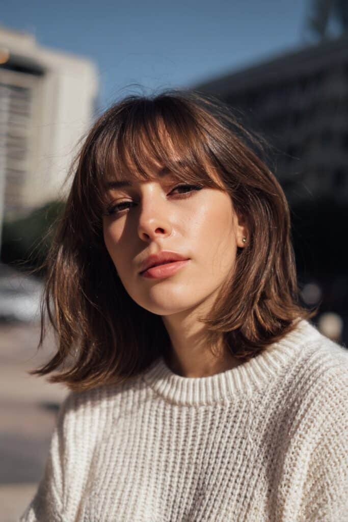 asymmetrical lob haircut with curtain bangs