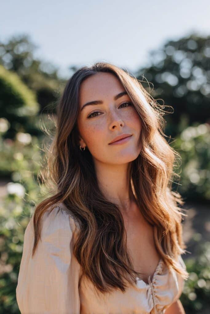 woman with dark brown balayage highlights and soft waves