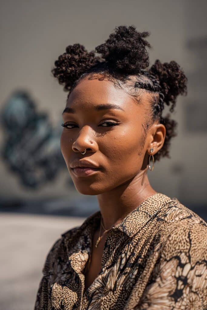 Black woman with bantu knots and soft face-framing curls.