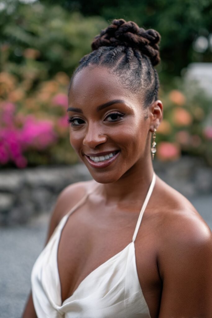 Black bride wearing elegant bantu knot bridal updo.