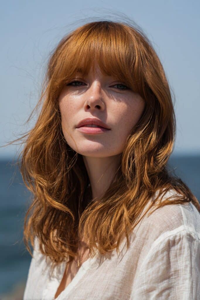 woman with beachy lob and curtain fringe