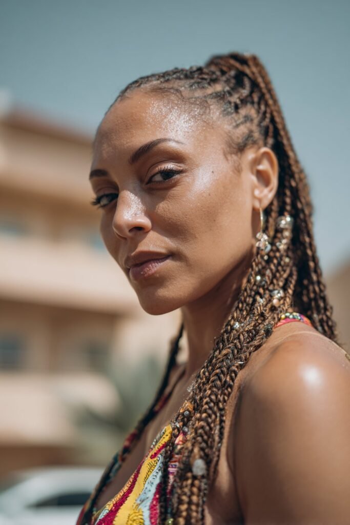 young woman with knotless cornrow ponytail hairstyle, lightweight braids, smooth finish