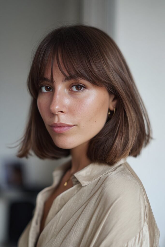 woman with blunt lob and middle part bangs