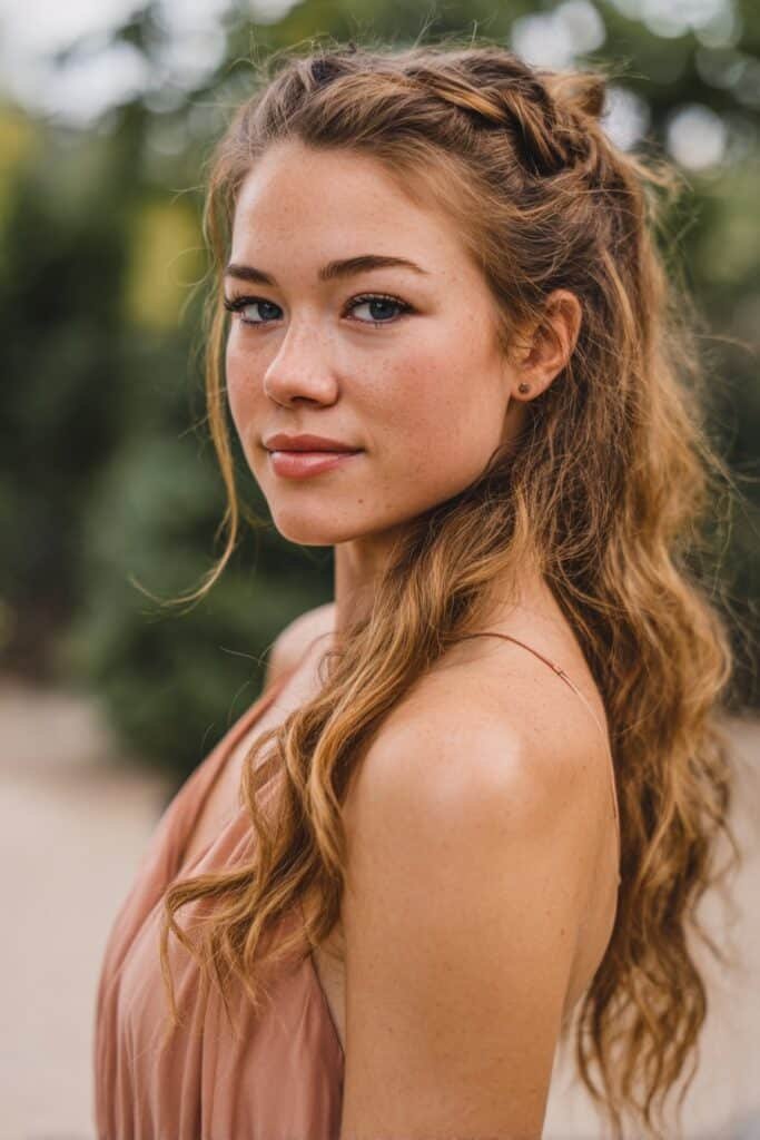 girl with boho twisted half up prom hairstyle