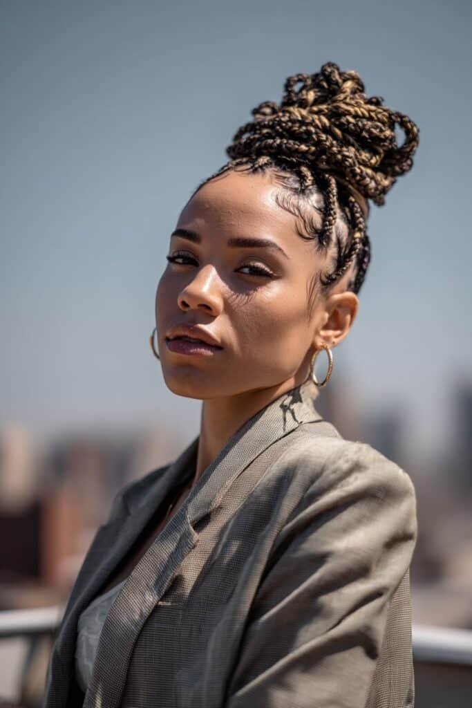 Black woman with box braid high bun and face-framing braids.