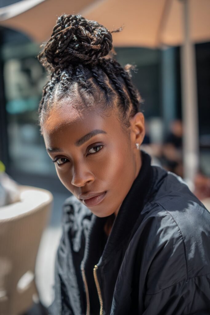 Black woman with braided twist bun, black hair twist updo hairstyles.