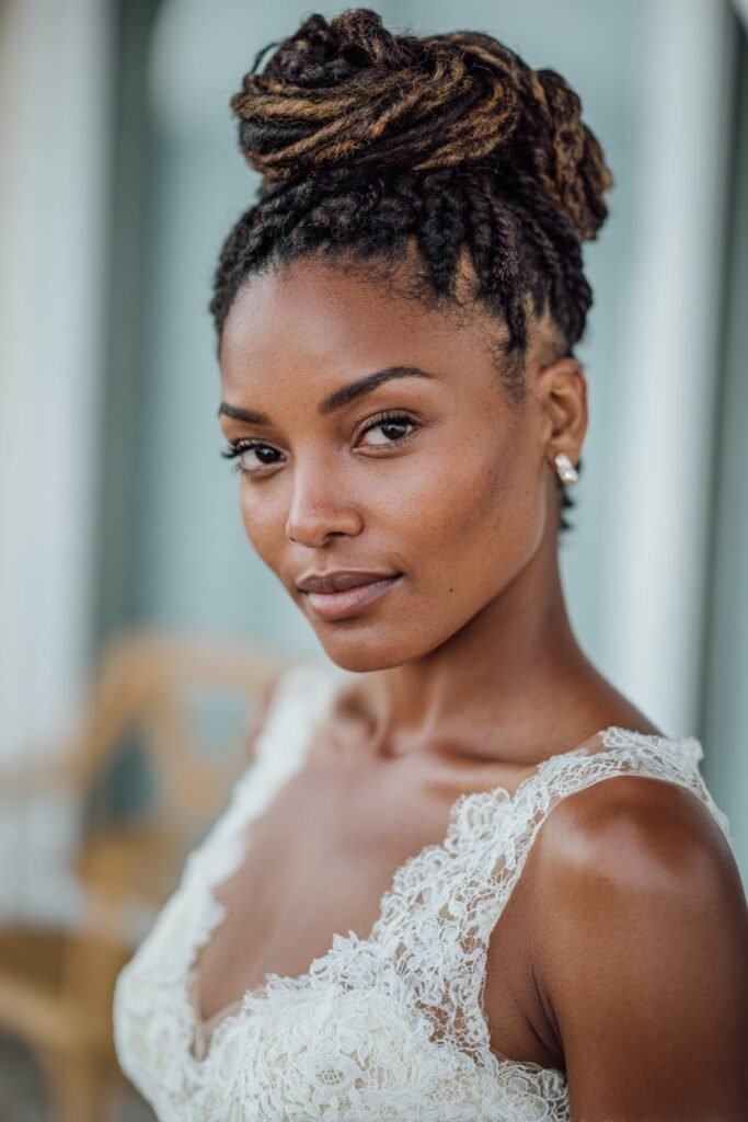 Black bride with box braid bun, updo wedding hairstyle for Black women.