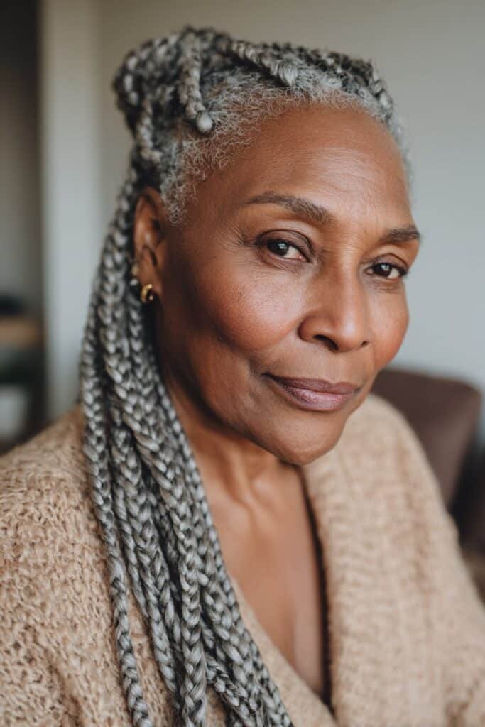 Older Black woman with box braids, chest-length hairstyle and natural texture