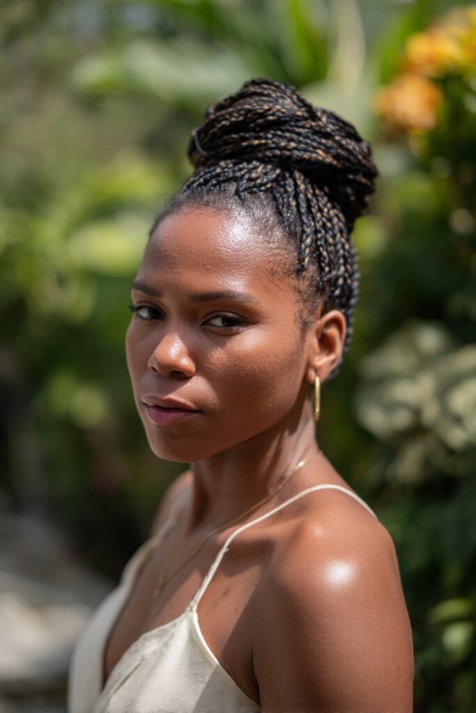 Black woman with braided crown updo wig wrapped around her head.