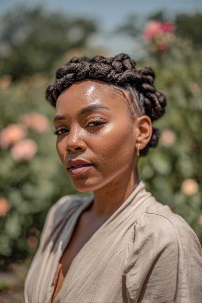 Black woman with braided halo updo framing the face.