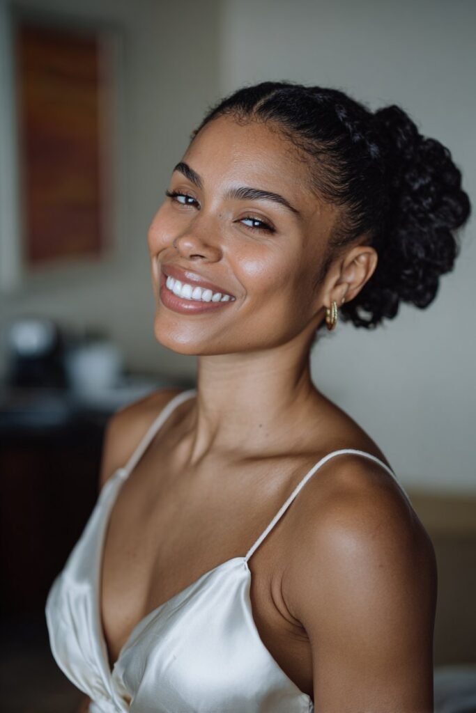 Black bride wearing low chignon, updo wedding hairstyle for Black women.