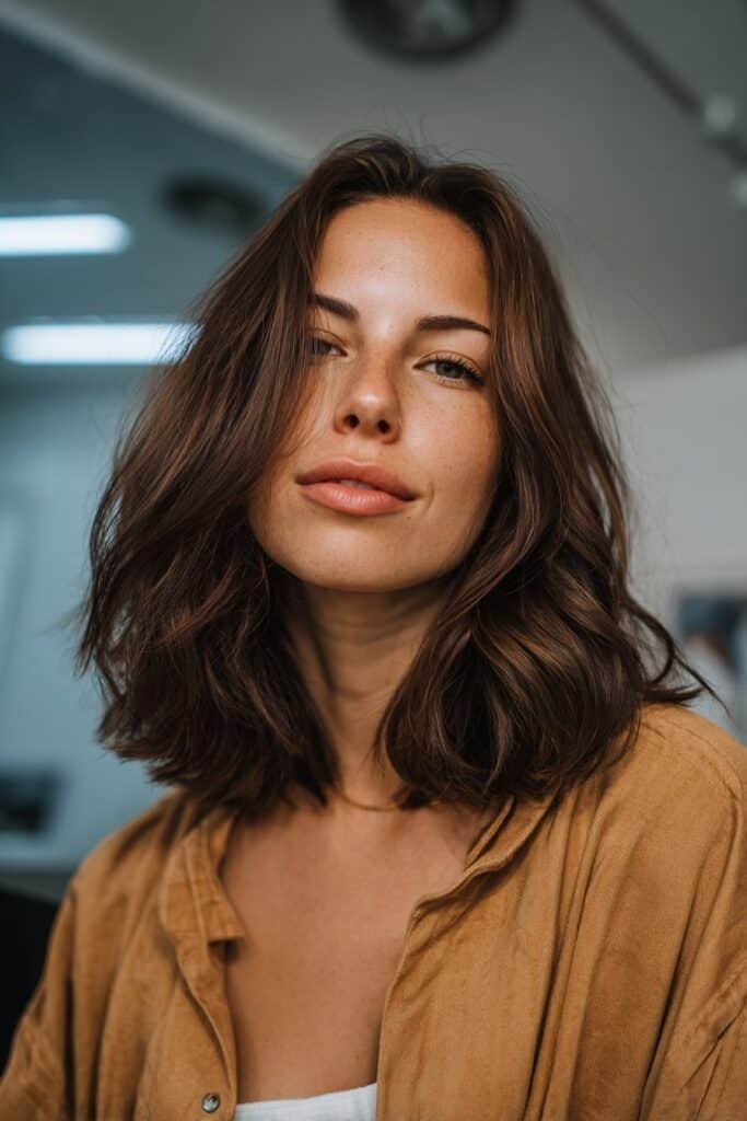 Brunette halo hair dye with rich brown tones adding depth