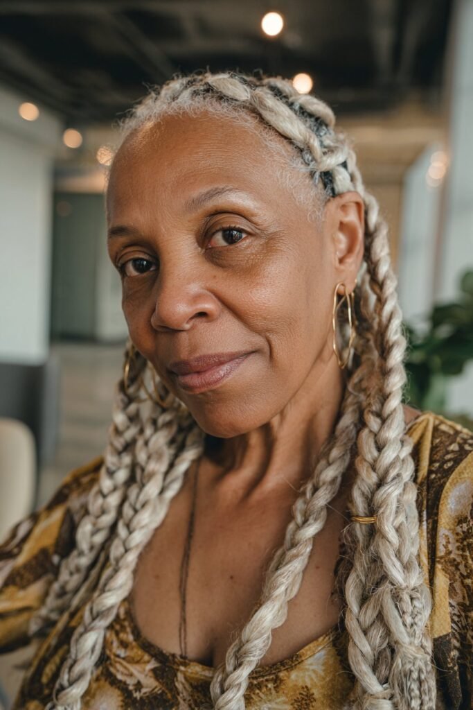 Older Black woman with butterfly braids and soft textured loops