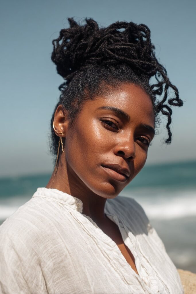 Black woman with butterfly locs bun, face-framing updos for Black hair.