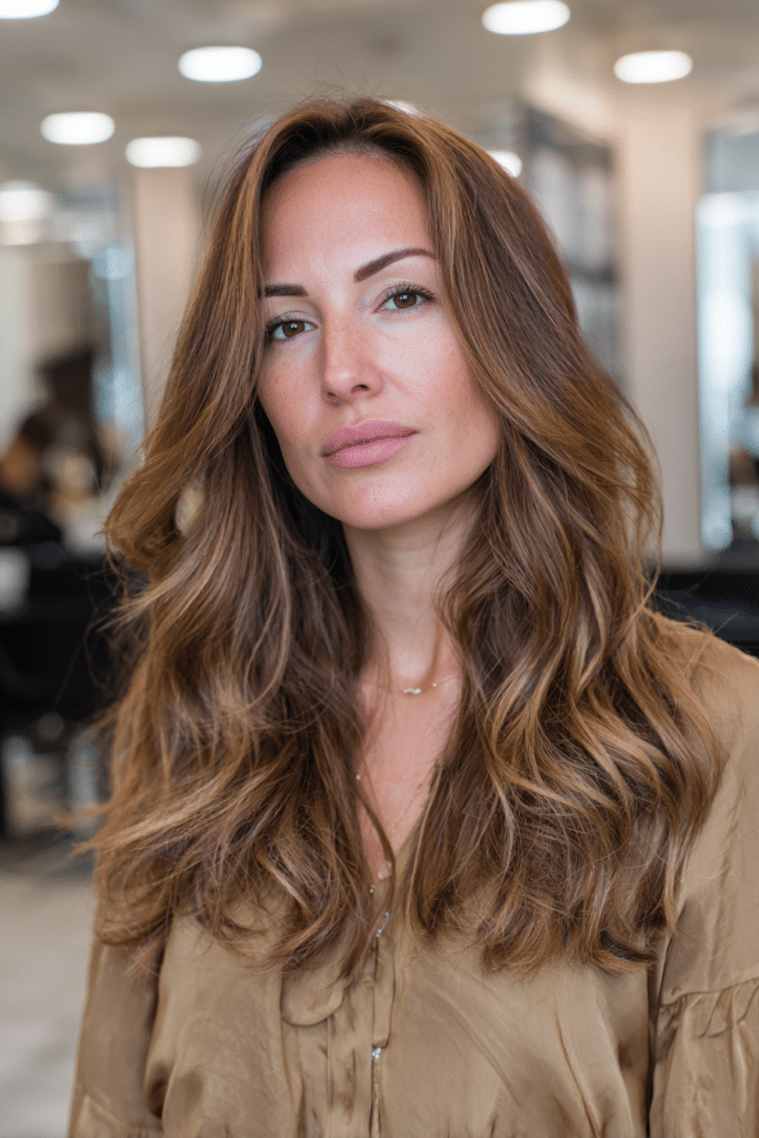 Caramel chunky highlights creating bold contrast on layered hair