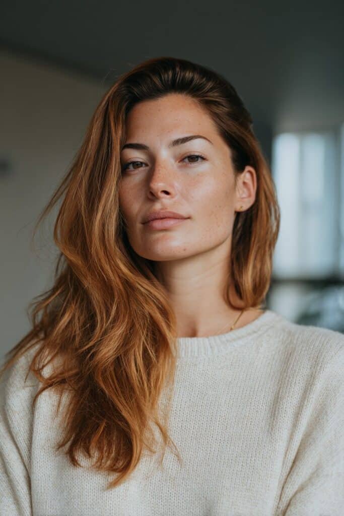 Caramel foilayage highlights creating a bright polished layered look