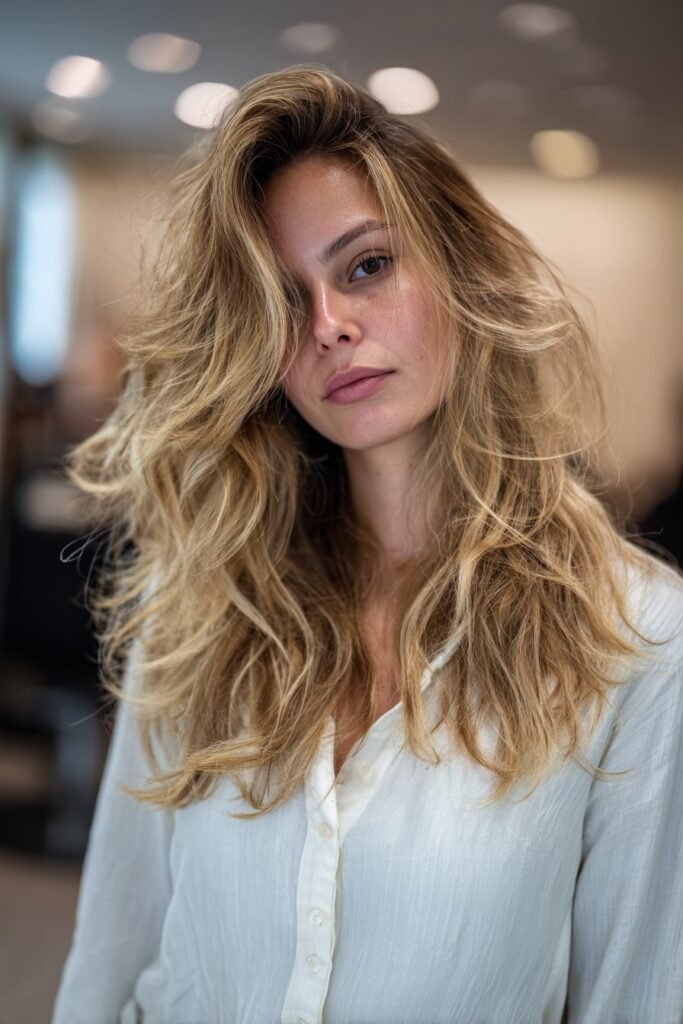 Layered dirty blonde hair with caramel highlights creating rich depth