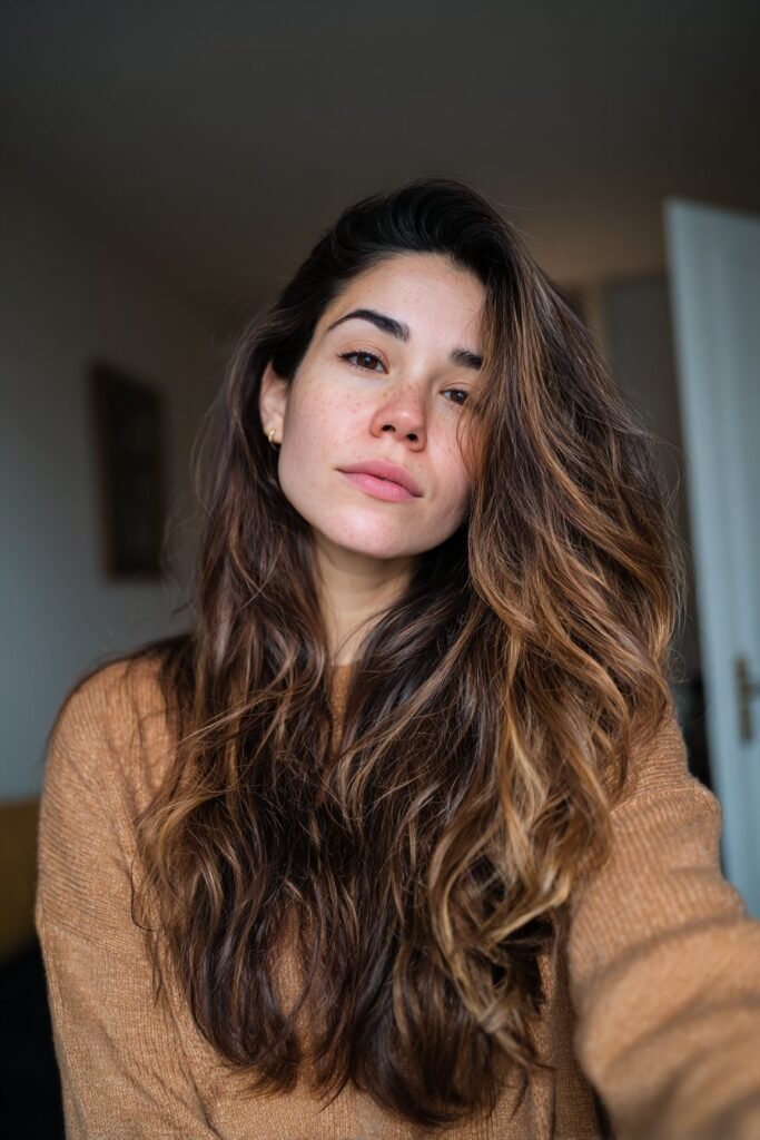woman with dark brown hair and chestnut highlights