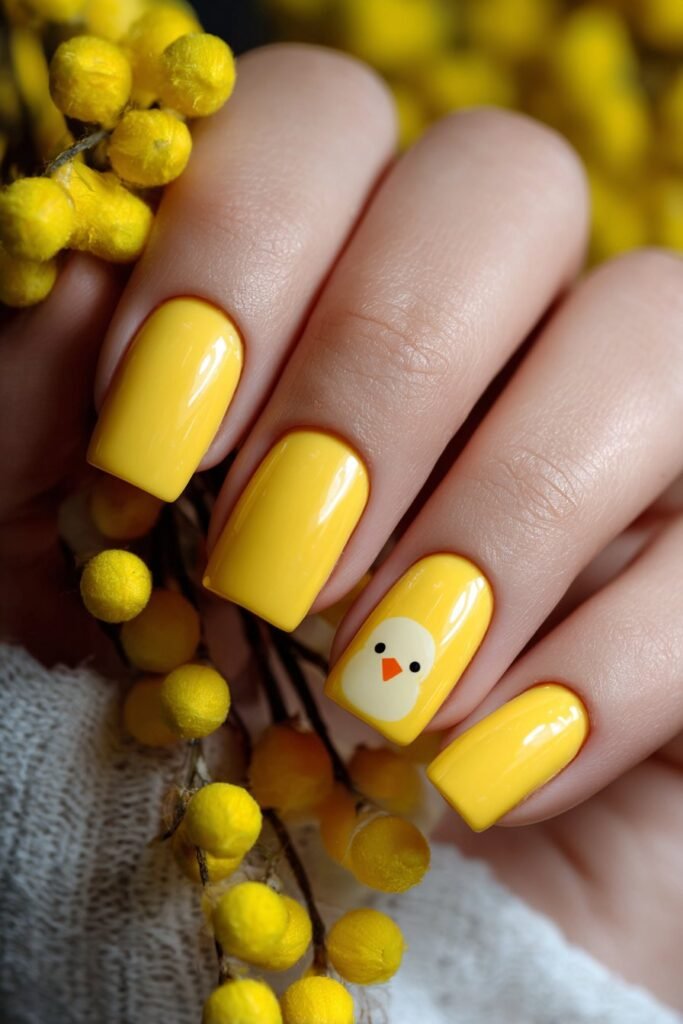 Pastel yellow gel nails with cute chick accent design.