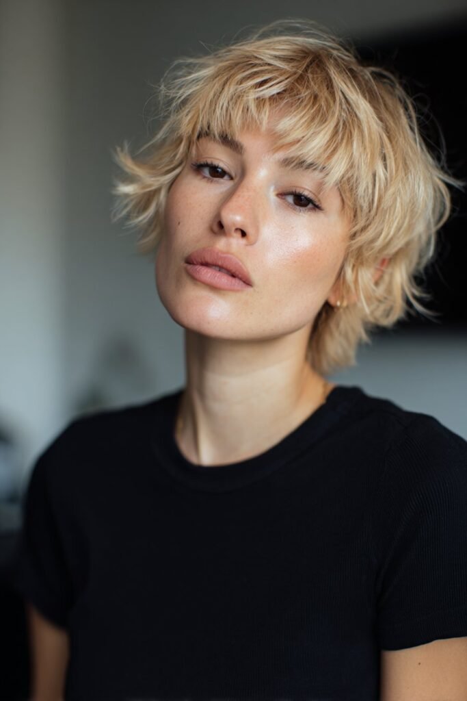 woman with choppy lob and micro bangs