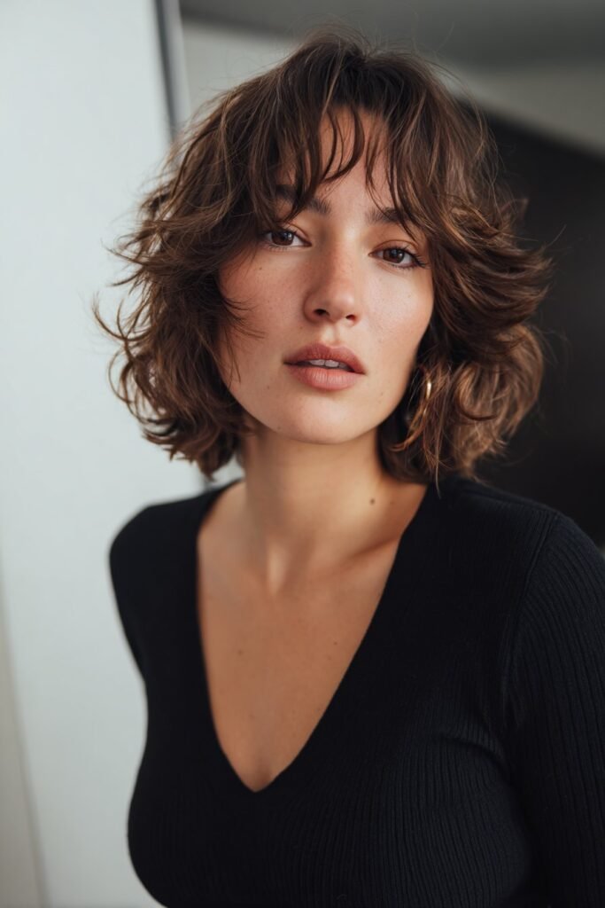 woman with choppy textured shag haircut