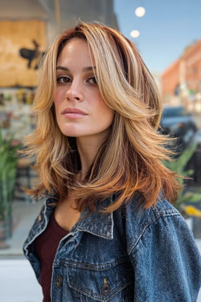 Chunky blonde highlights on dirty blonde layered hair with a retro look