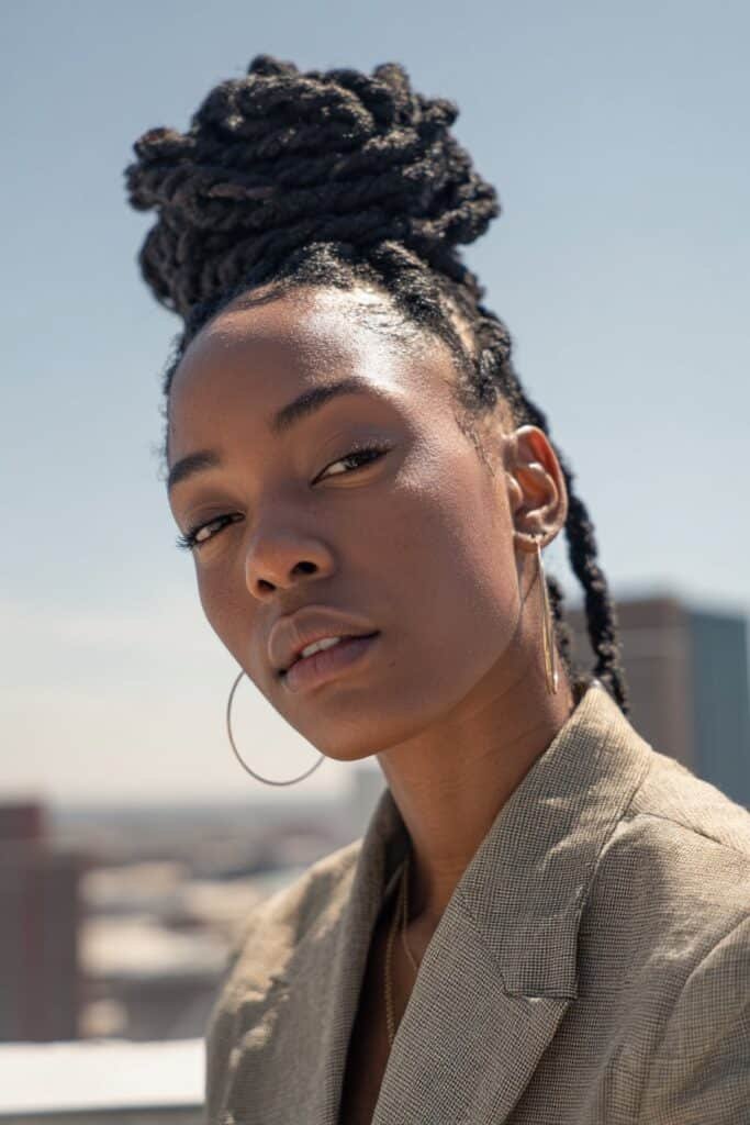 Black woman with chunky twists pinned into a crown updo.