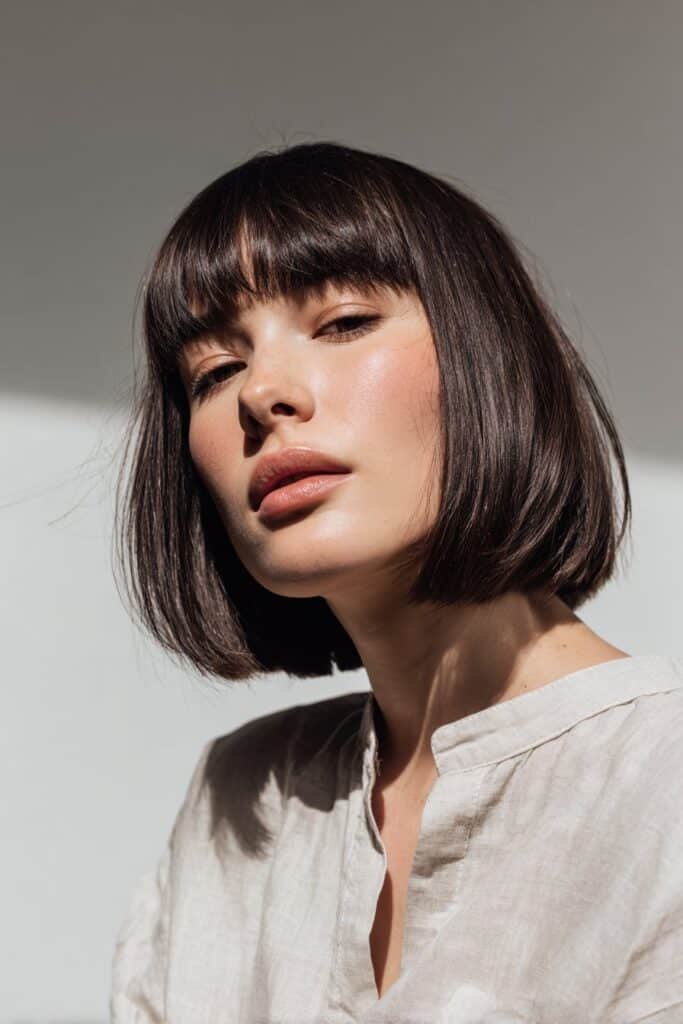 woman with blunt lob and straight bangs