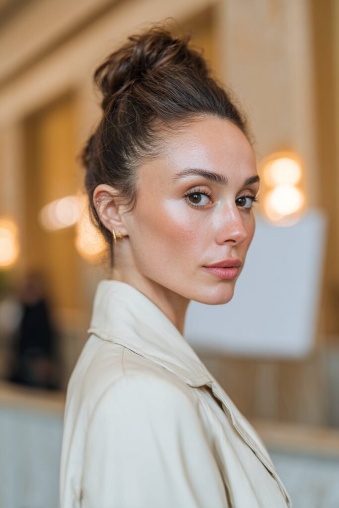 woman with classic French twist, sleek elegant fancy hairstyles, smooth updo