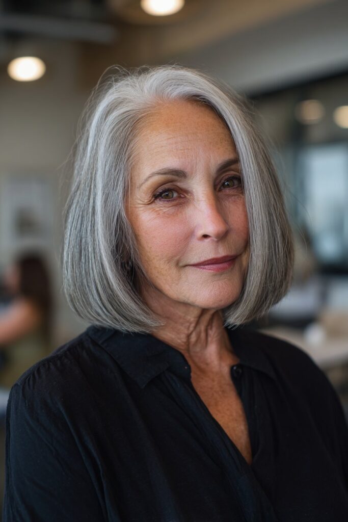 Classic gray bob haircut for over 70 with smooth neat finish