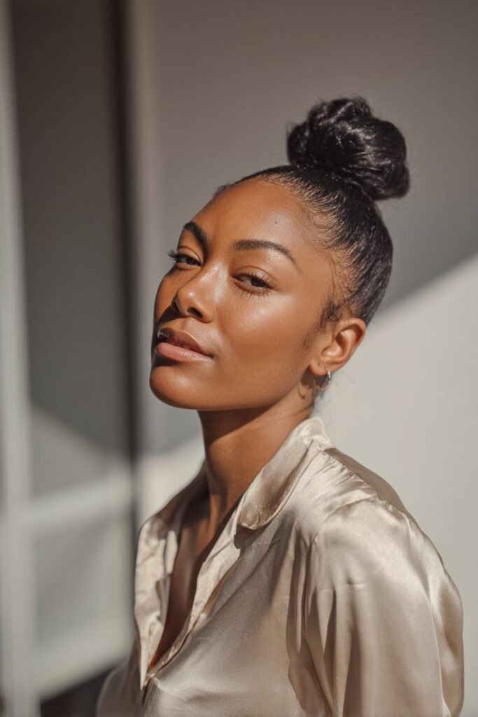 Black woman wearing a classic high bun wig updo hairstyle for Black women.