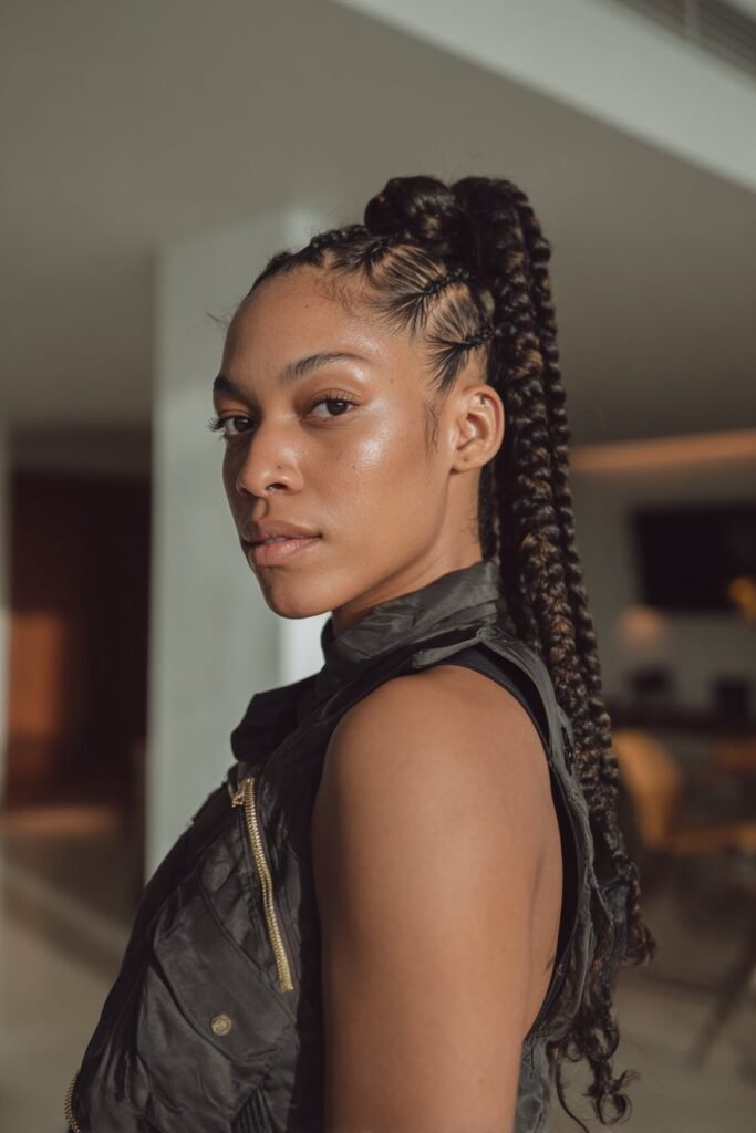young woman with cornrow ponytail hairstyle, high braided ponytail, sleek straight-back braids