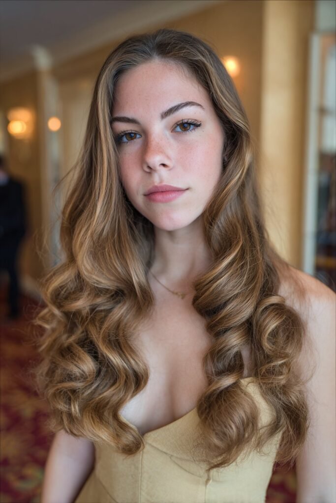 girl with classic Hollywood waves prom hairstyle