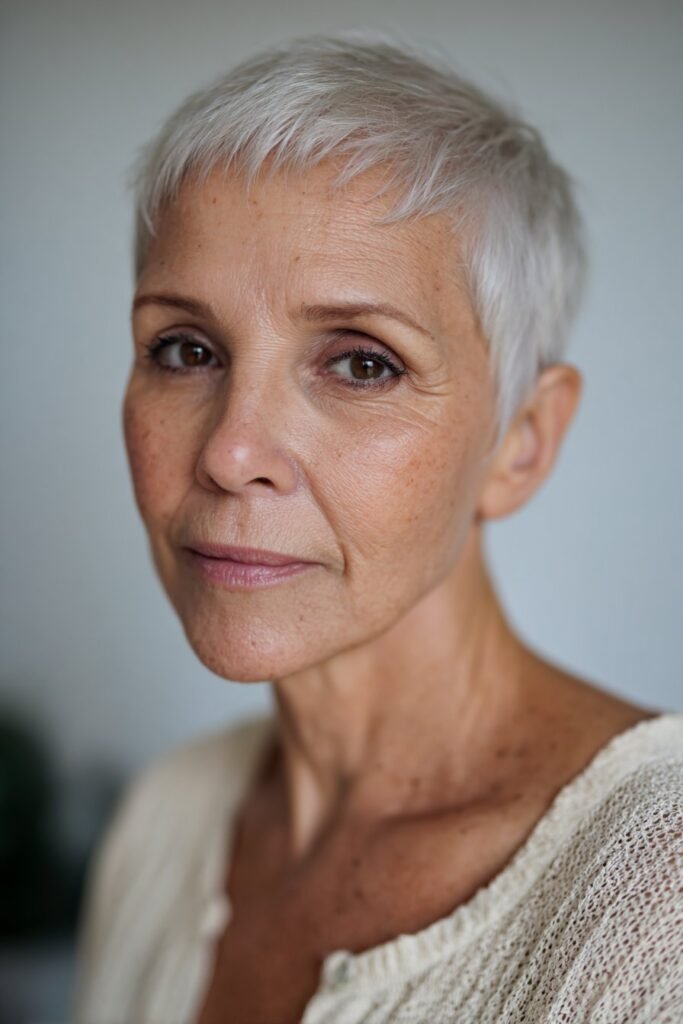 woman over 60 with classic short pixie cut