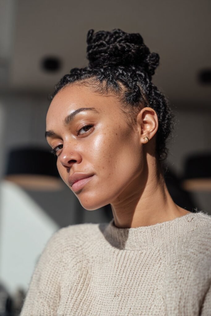 Black woman with two-strand twist bun, black hair twist updo hairstyles.